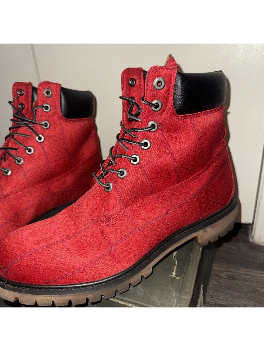 Timberland Red Embossed Patch Fabric Logo Waterproof Boots Size 12/ EU 46